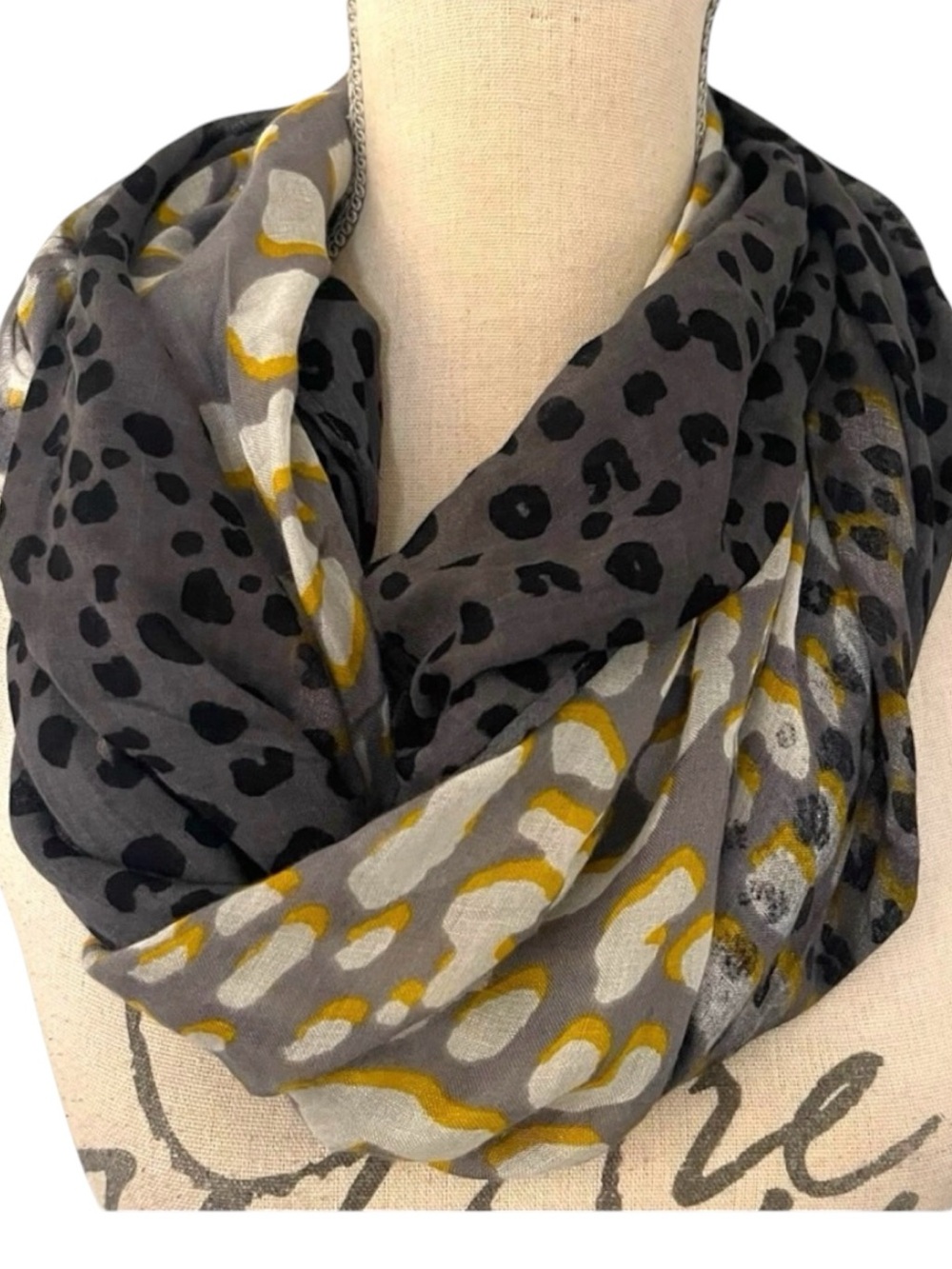 Grey/Black/White/Yellow Leopard Print Sheer Infinity Scarf